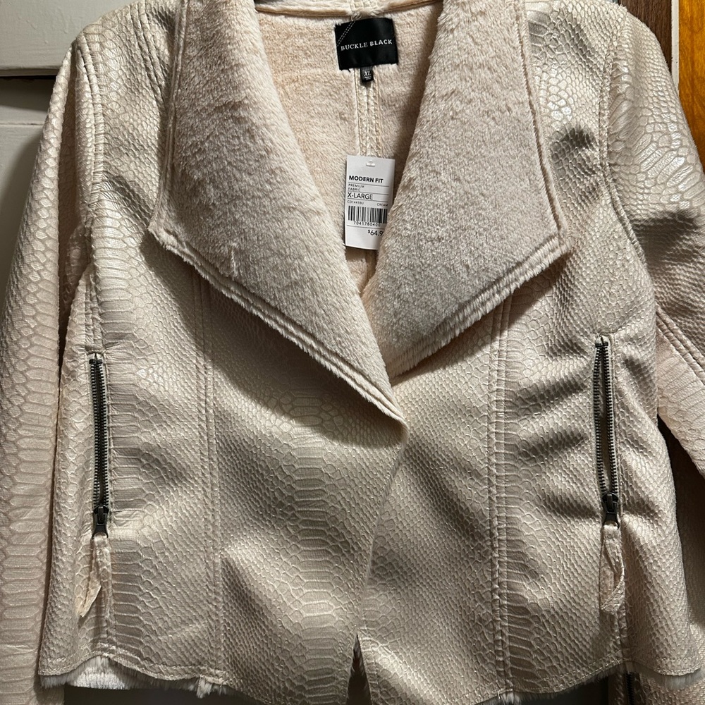 Buckle Beige Textured Leather Jacket